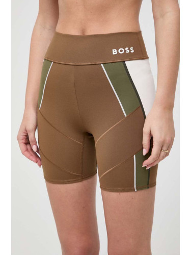 Къс панталон BOSS x Alica Schmidt в кафяво с десен с висока талия