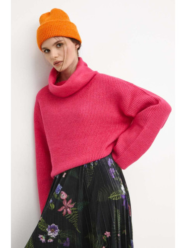 Пуловер с вълна Medicine дамски в розово от топла материя с поло