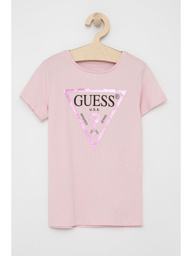 Детска памучна тениска Guess в розово