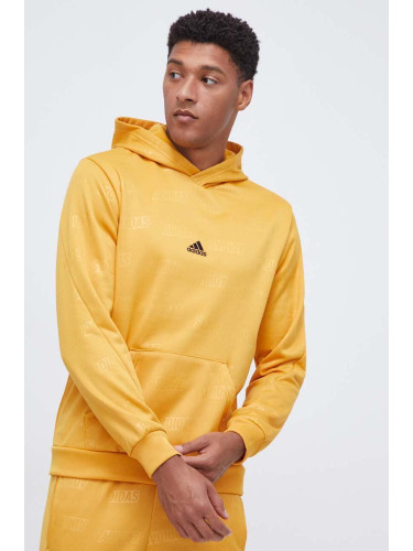 Суичър adidas в жълто с качулка с десен