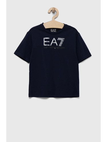 Детска памучна тениска EA7 Emporio Armani в тъмносиньо с принт