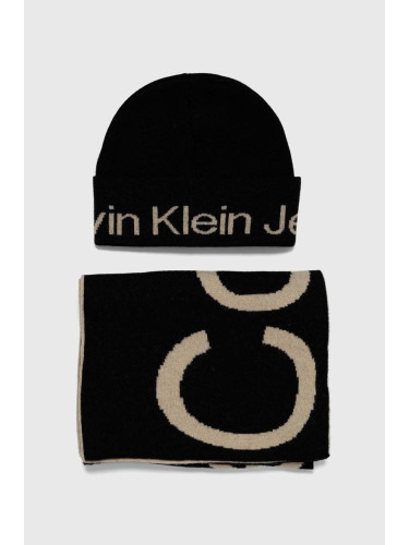 Вълнени шапка и шал Calvin Klein Jeans в черно