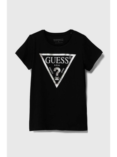 Детска памучна тениска Guess в черно