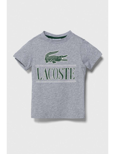 Детска памучна тениска Lacoste в сиво с принт