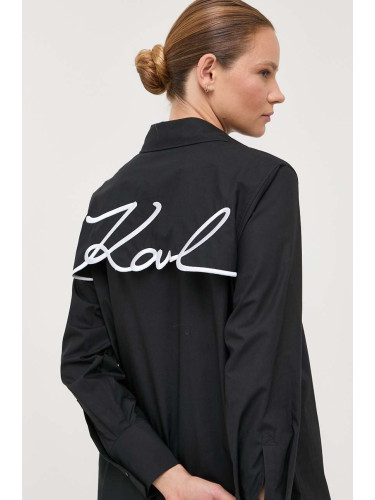 Памучна риза Karl Lagerfeld дамска в черно със стандартна кройка с класическа яка