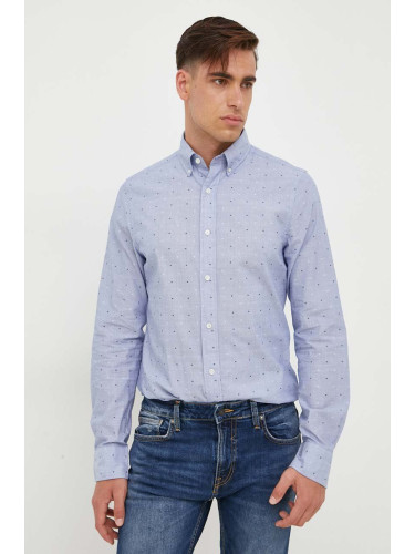 Памучна риза Gant мъжка в синьо със стандартна кройка с яка с копче