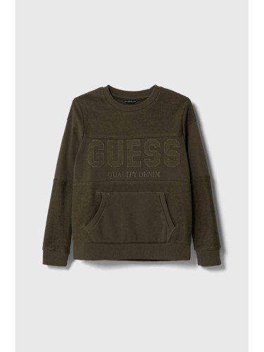 Детски памучен суичър Guess в зелено с апликация