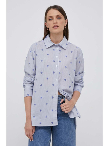 Памучна риза Tommy Hilfiger дамска в синьо със свободна кройка с класическа яка