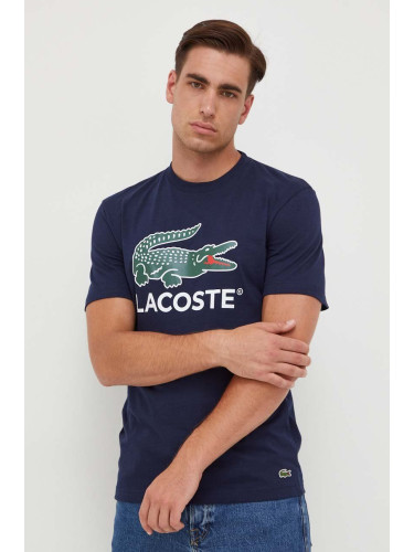 Памучна тениска Lacoste в тъмносиньо с принт