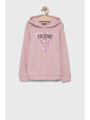 Детски памучен суичър Guess в розово с принт