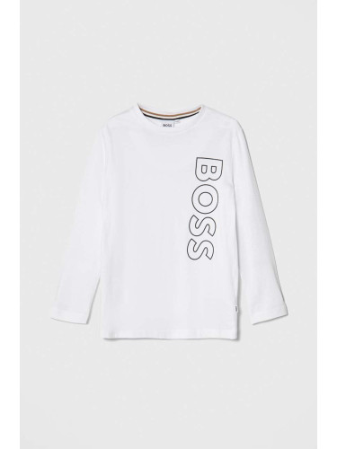 Бебешка памучна блуза с дълъг ръкав BOSS в бяло с принт