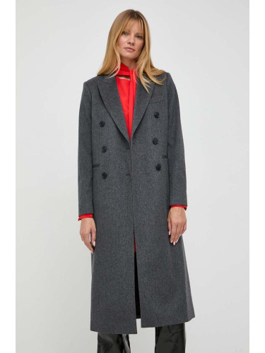 Вълнено палто Victoria Beckham в сиво преходен модел с двуредно закопчаване