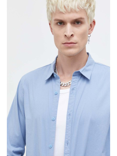Риза Hollister Co. мъжка в синьо със стандартна кройка с класическа яка