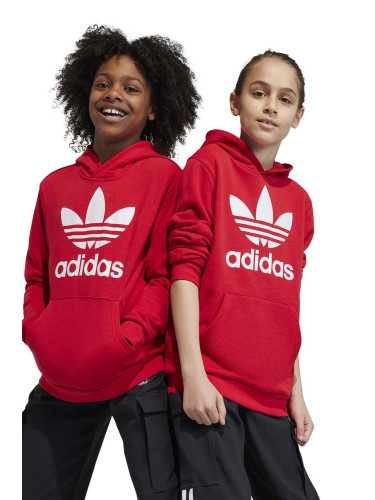 Детски суичър adidas Originals TREFOIL в червено с качулка с принт