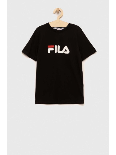 Детска памучна тениска Fila в черно с принт