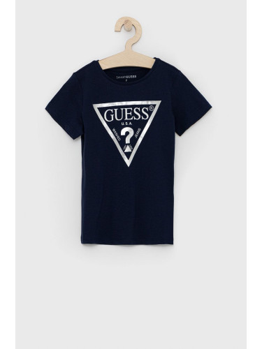 Детска памучна тениска Guess в тъмносиньо