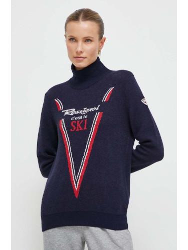 Вълнен пуловер Rossignol дамски в тъмносиньо с ниско поло