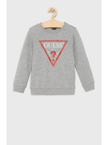 Детски памучен суичър Guess в сиво с принт