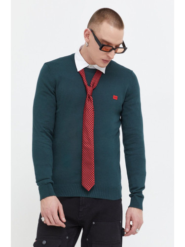 Памучен пуловер HUGO в зелено от лека материя 50475083