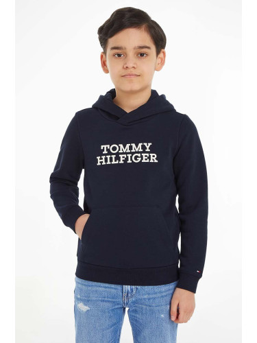 Детски суичър Tommy Hilfiger в тъмносиньо с качулка с апликация