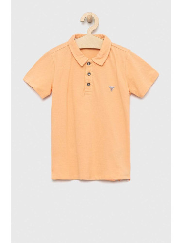 Детска памучна тениска с яка Guess в оранжево с изчистен дизайн