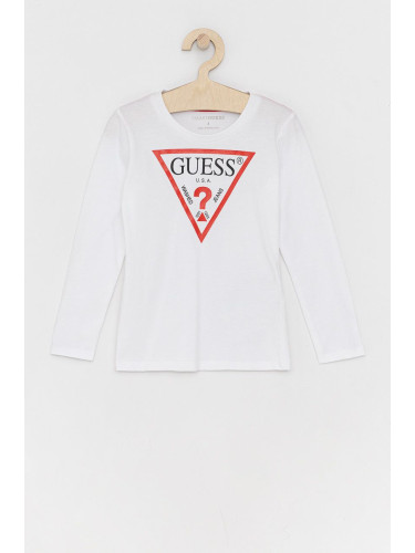 Детска блуза с дълги ръкави Guess в бяло с принт