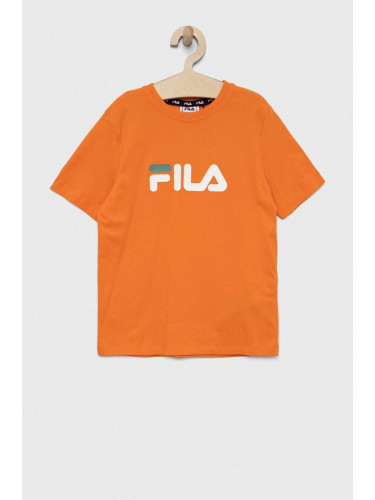 Детска памучна тениска Fila в оранжево с принт