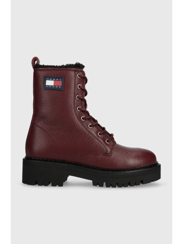 Кожени кубинки Tommy Jeans TJW URBAN BOOT TUMBLED LTR WL в бордо с равна подметка с изолация EN0EN02317