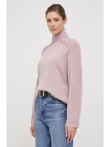 Вълнен пуловер Calvin Klein дамски в розово с ниско поло
