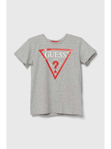 Детска памучна тениска Guess в сиво с принт