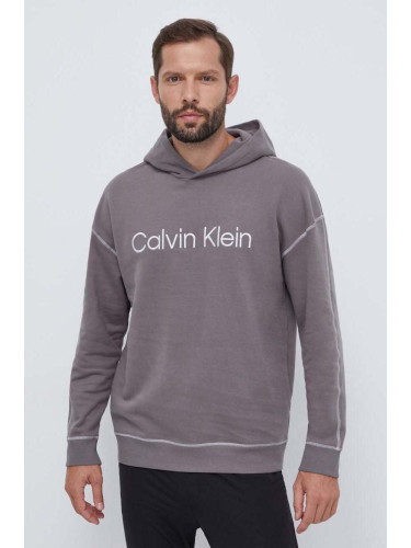 Домашен суичър от памук Calvin Klein Underwear в сиво с качулка с апликация