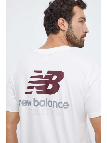 Памучна тениска New Balance в бежово с принт