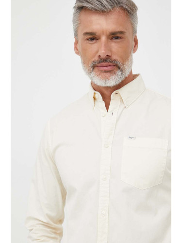 Памучна риза Pepe Jeans Crail мъжка в бежово със стандартна кройка с яка с копче