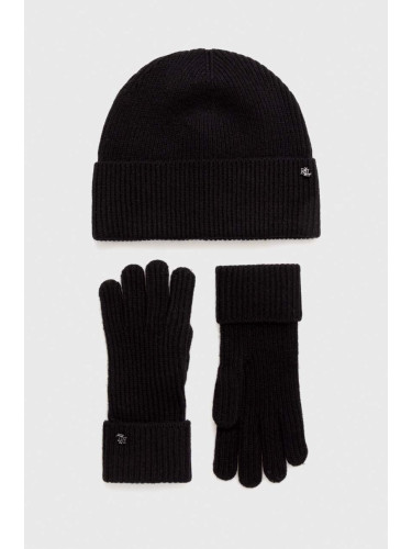 Шапка и ръкавици от вълна Lauren Ralph Lauren в черно