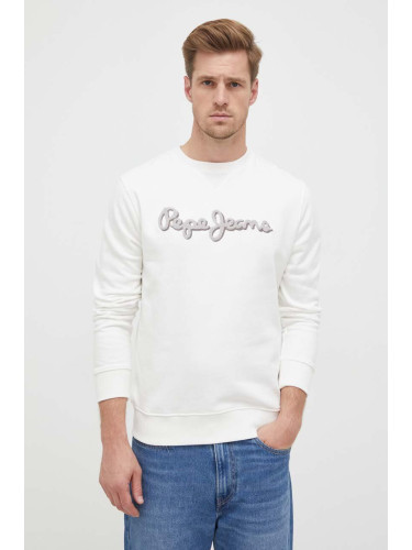 Памучен суичър Pepe Jeans Ryan в бяло с апликация