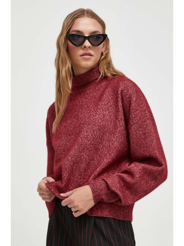 Вълнен пуловер HUGO дамски в бордо от лека материя с поло