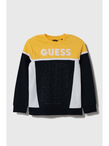 Детски памучен суичър Guess в тъмносиньо с десен