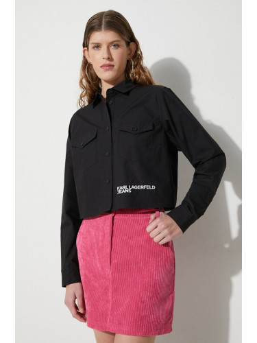 Памучна риза Karl Lagerfeld Jeans дамска в черно със стандартна кройка с класическа яка