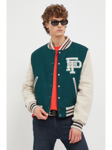 Вълнено яке бомбър Filling Pieces Varsity Jacket в зелено преходен модел с уголемена кройка 78616982011