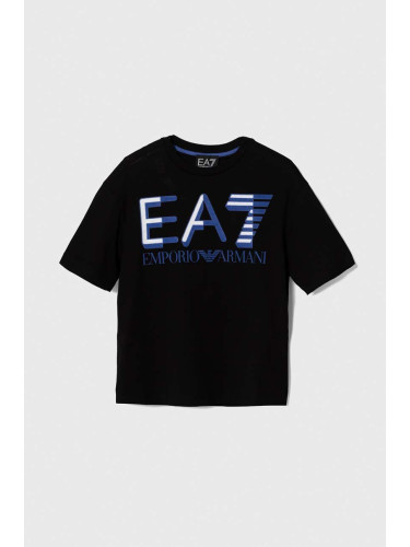 Детска памучна тениска EA7 Emporio Armani в черно с принт