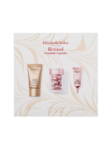 Elizabeth Arden Ceramide Retinol Capsules Подаръчен комплект нощен серум за лице Retinol Ceramide Capsules Line Erasing Night Serum 30 бр + нощен крем за лице Ceramide Lift And Firm Night Cream 15 ml + околоочен крем Retinol Ceramide Eye Cream 5 ml