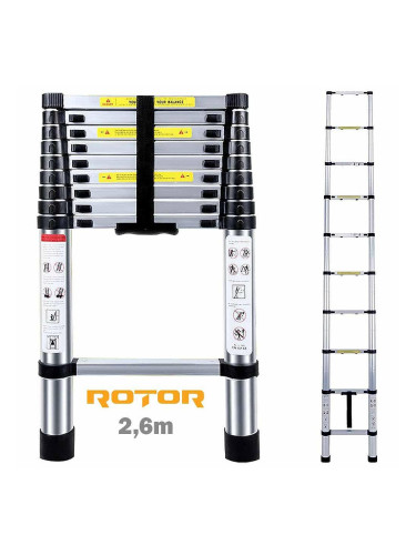 Телескопична стълба, алуминиева, 150 кг, 2.6 метра, 9 стъпала, ROTOR KME1026