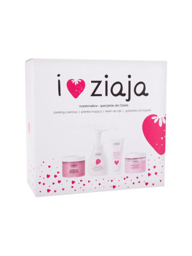 Ziaja I ♥ Ziaja Marshmallow Подаръчен комплект пилинг за тяло Marshmallow 300 ml + течен сапун за ръце Marshmallow 250 ml + желе за миене Marshmallow 260 ml + крем за ръце Marshmallow 50 ml увредена кутия