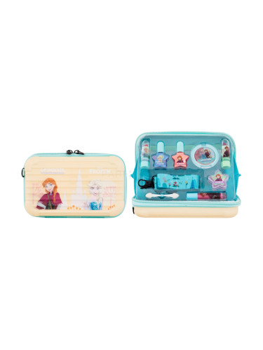 Lip Smacker Disney Frozen Travel To Go Beauty Case Подаръчен комплект червило 2 x 1 g + гланц за устни 2 x 1 g + лак за нокти 2 x 4 ml + палитра с озаряващи кремове 4 g + апликатор + ключодържател + калъф