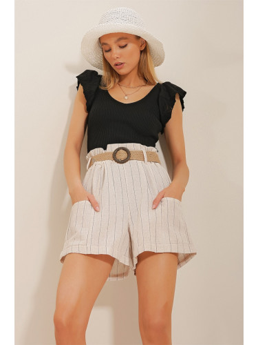 Trend Alaçatı Stili Women's Beige Striped Linen Shorts