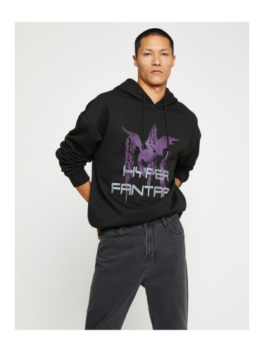 Koton Hooded Oversize Sweatshirt Raised Butterfly Printed Bat Sleeve