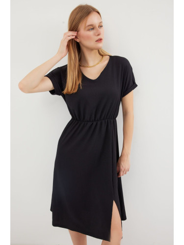 Bigdart 2378 V-образно деколте плетена рокля с цепки - черна