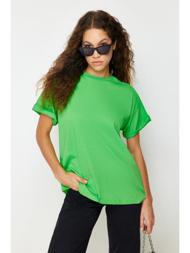 Trendyol Green 100% Cotton Boyfriend/Wide Fit Crew Neck Knitted T-Shirt