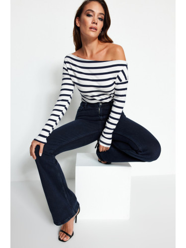 Trendyol Navy Blue Striped Premium Soft Fabric Fitted Boat Neck Knitted Blouse