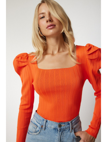 Happiness İstanbul Women's Orange Square Neck Ribbed Knitwear Blouse